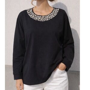 CALVIN KLEIN Black Pearl Embellished Neckline Sweater S NWOT